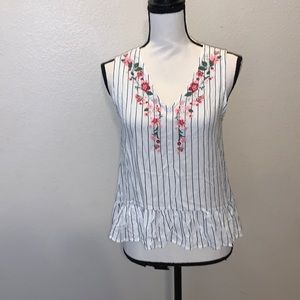 E M white striped embroidered floral sleeveless blouse